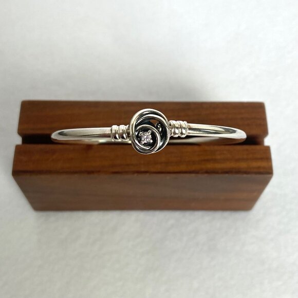 Pandora Sterling Silver 925 Encircled Clasp CZ Round Charm Bangle Bracelet 6.5" - Picture 4 of 16